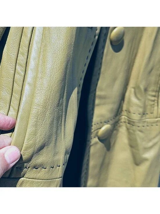 70s Light Yellow Green Leather Trench Coat Black Satin Lined Bespoke Women's M/L - Picture 11 of 13